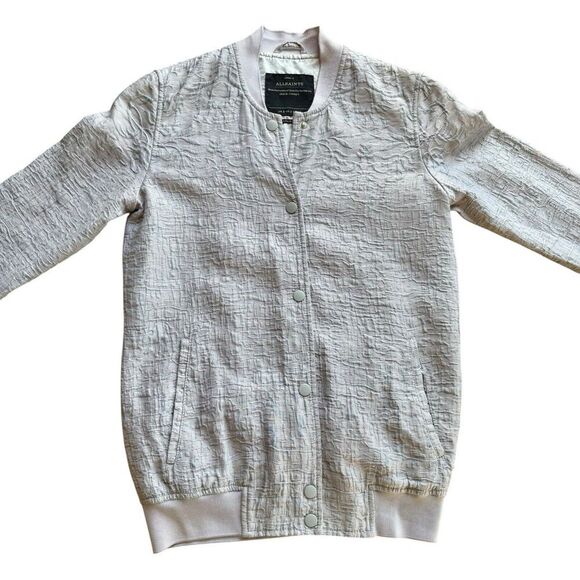 ALL SAINTS PAYTON Bomber Jacket Embossed Gray Snap Sz 2 lightweight Italian - Picture 5 of 11